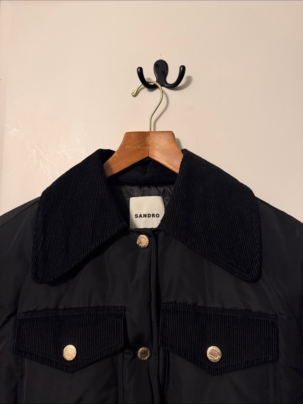 Sandro Black Quilted Puffer Jacket with Corduroy Trim - Picture 6 of 10